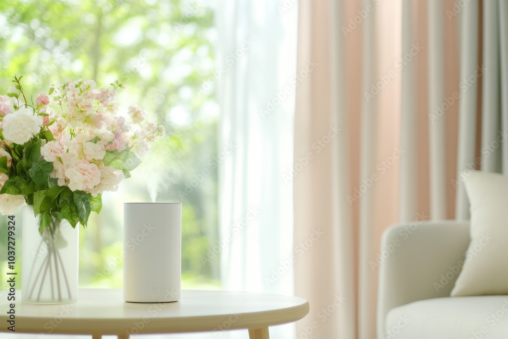 Modern air purifier running in a living room, improving the air quality for a healthier home environment Modern air purifier running in a living room, improving the air quality for a healthier home environment