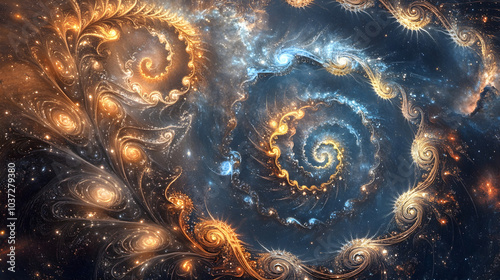 Fractal-inspired shapes spiraling into infinity against a backdrop of stars and galaxies photo