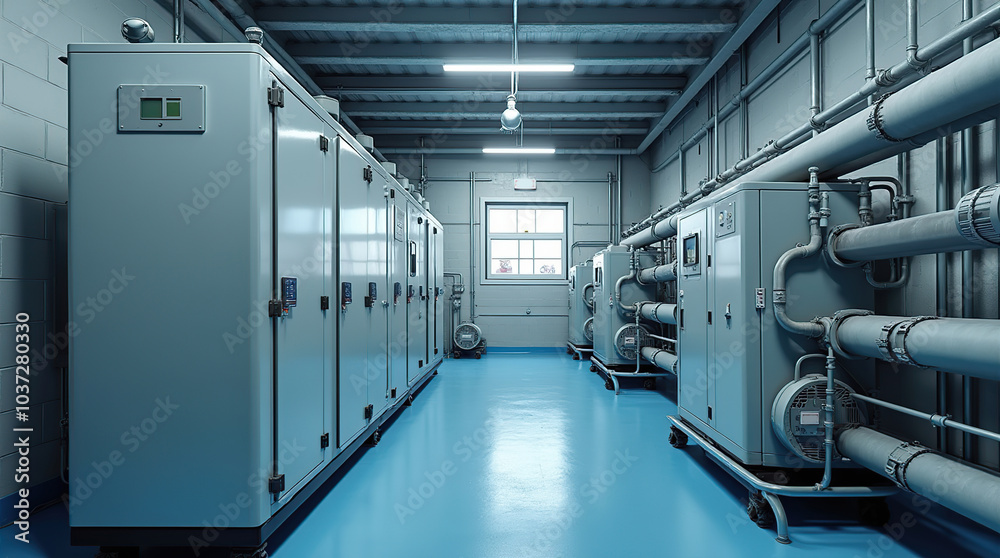 Obraz premium Large industrial chiller rooms with motor and water pipes
