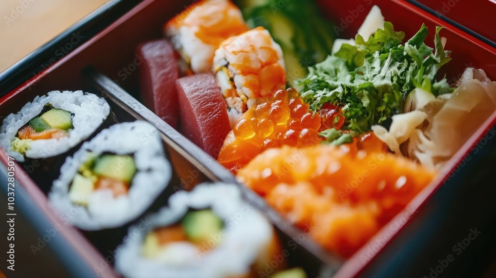 A Japanese bento box filled with fresh sushi, highlighted by vibrant colors and elegant presentation A Japanese bento box filled with fresh sushi, highlighted by vibrant colors and elegant presentation