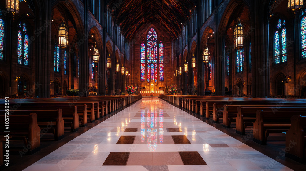 Fototapeta premium Empty pews in a church with stained glass windows.