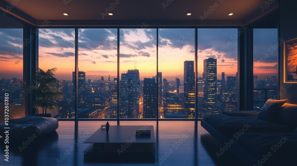 A luxurious penthouse apartment with modern decor and panoramic views of a dazzling city skyline at sunset A luxurious penthouse apartment with modern decor and panoramic views of a dazzling city skyline at sunset