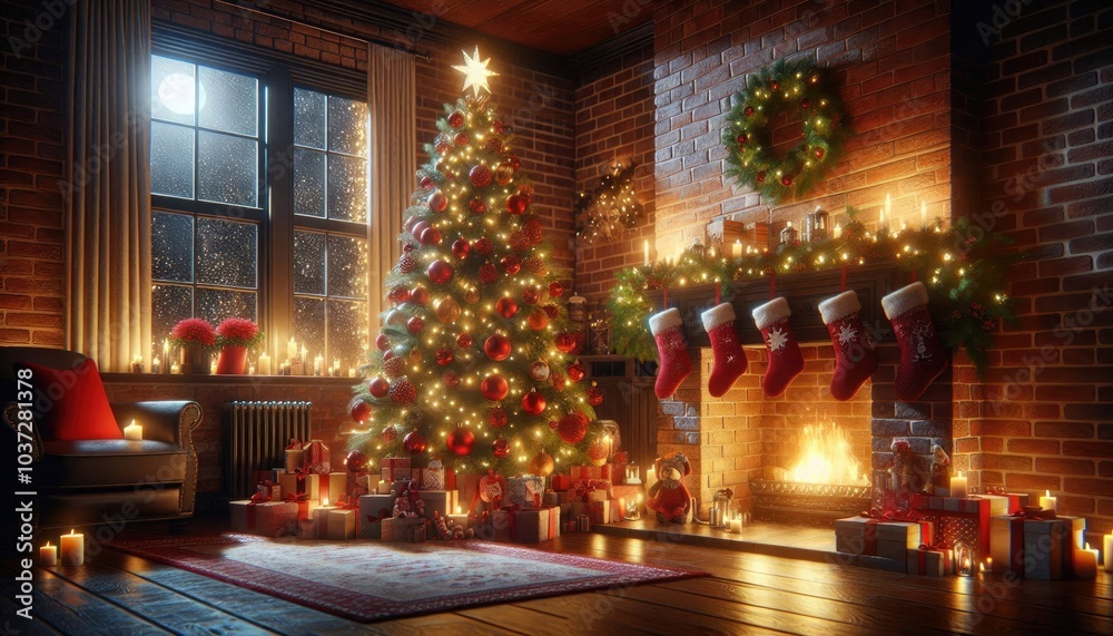 Cozy Christmas Living Room: Festive Tree with Red Ornaments, Glowing Fireplace with Stockings, Wrapped Gifts, and Warm Candlelight Creating a Magical Holiday Atmosphere Indoors