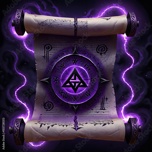 Ancient Magic Scroll With Purple Energy And Runes