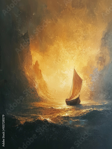 Odysseus’ return to Ithaca - sailing, boat, ocean, sunset, dramatic sky, waves, nature, seascape, light, adventure, art, tranquility, exploration, golden hour, coastline, landscape