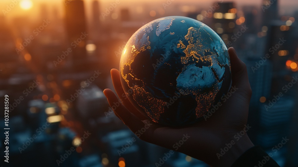 A Hand Holding a Globe Against a Blurred Cityscape at Sunset A Hand Holding a Globe Against a Blurred Cityscape at Sunset