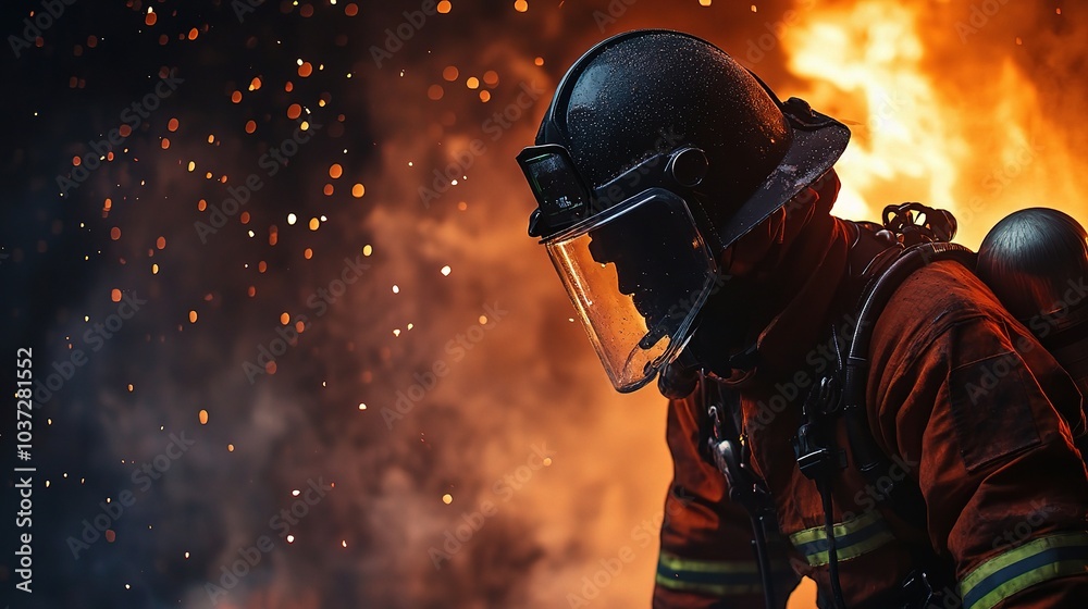 Brave Firefighter Battling Intense Flames at Night Brave Firefighter Battling Intense Flames at Night