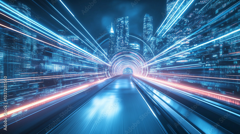 Abstract technology futuristic tunnel road with glowing road lines stretching into the night city distance, creating a sense of depth. Abstract technology futuristic tunnel road with glowing road lines stretching into the night city distance, creating a sense of depth.