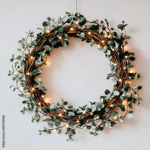 Decorative greenery wreath with fairy lights hanging on a wall for a cozy ambiance