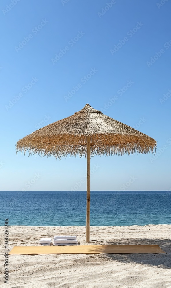 Beach umbrella, towels, and a sandy shore. Beach umbrella, towels, and a sandy shore.