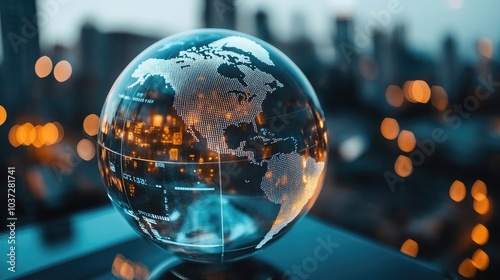 A transparent holographic globe showcasing global data and technology, symbolizing worldwide connectivity and AI