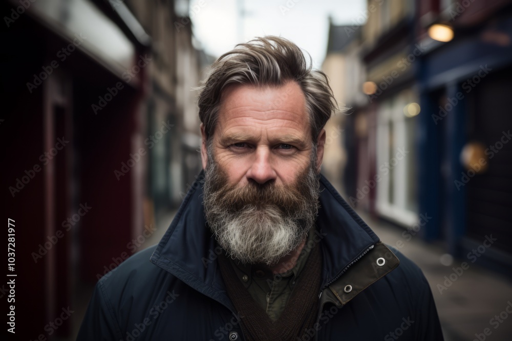 Portrait of a handsome man with long gray beard and mustache in the city Portrait of a handsome man with long gray beard and mustache in the city