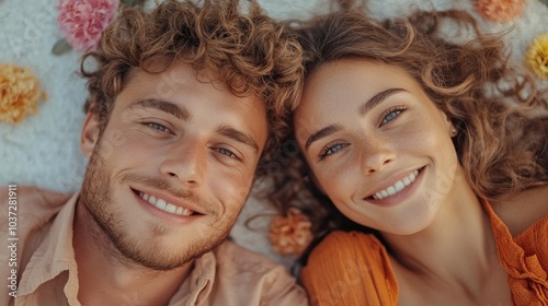 Smiling Couple Amongst Flowers: A close-up shot of a happy young couple lying down together, surrounded by flowers, their smiles radiating joy and contentment. Perfect for illustrating love, romance.