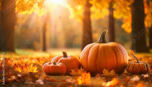 Kürbisse und Herbstlaub in goldenen Farbtönen – perfekt als Hintergrund