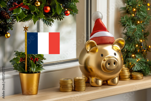 Flag of France on a potted holly plant and golden piggy bank with hat and coins,sorrounded by festive decorations during Christmas holiday season.Business,finance and economy concept. photo