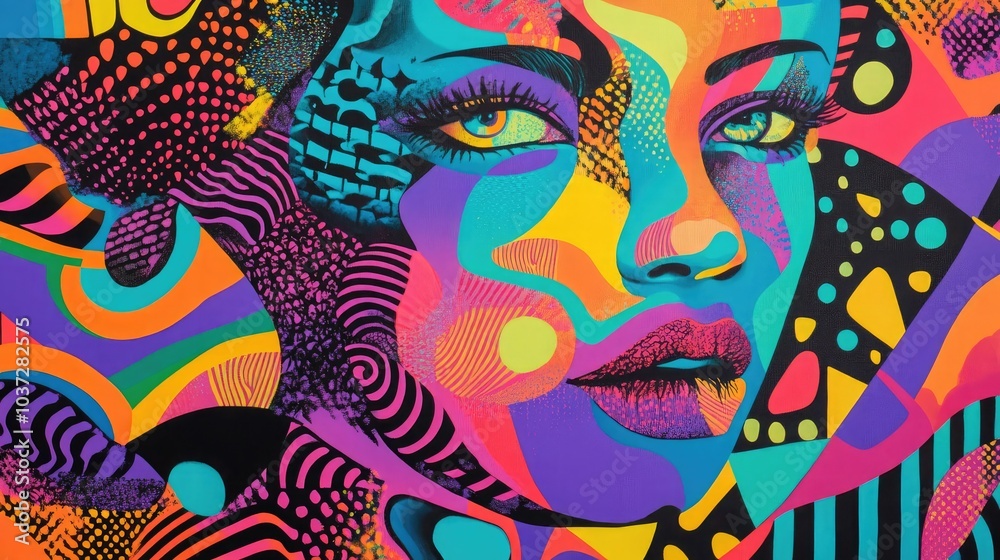 Abstract womana??s face surrounded by psychedelic patterns, with vibrant colors and bold geometric shapes creating a pop art vibe. Abstract womana??s face surrounded by psychedelic patterns, with vibrant colors and bold geometric shapes creating a pop art vibe.