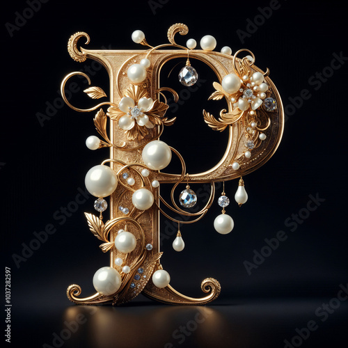 P. The letter of the Latin alphabet in the form of a luxurious openwork jewelry made of gold, decorated with precious stones, diamonds and pearls. On a black background.