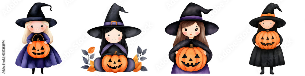 whimsical witches in black and purple outfits hold pumpkins, embodying a playful Halloween spirit, watercolor, clipart, isolated on transparent background whimsical witches in black and purple outfits hold pumpkins, embodying a playful Halloween spirit, watercolor, clipart, isolated on transparent background