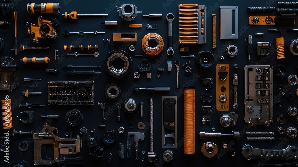 Assorted car parts and tools neatly arranged on a dark background, symbolizing automotive repair and engineering Assorted car parts and tools neatly arranged on a dark background, symbolizing automotive repair and engineering