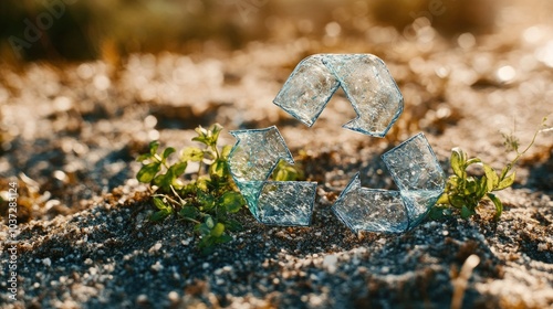 A creative eco-friendly symbol made from crushed plastic bottles, promoting sustainability on a clean background.