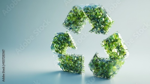 A creative eco-friendly symbol made from crushed plastic bottles, promoting sustainability on a clean background.