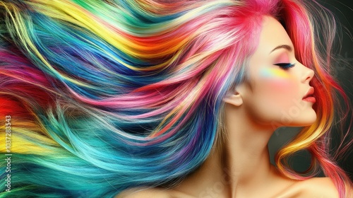 Beautiful woman with rainbow-colored hair, a striking fantasy-inspired portrait that combines glamour and creativity.