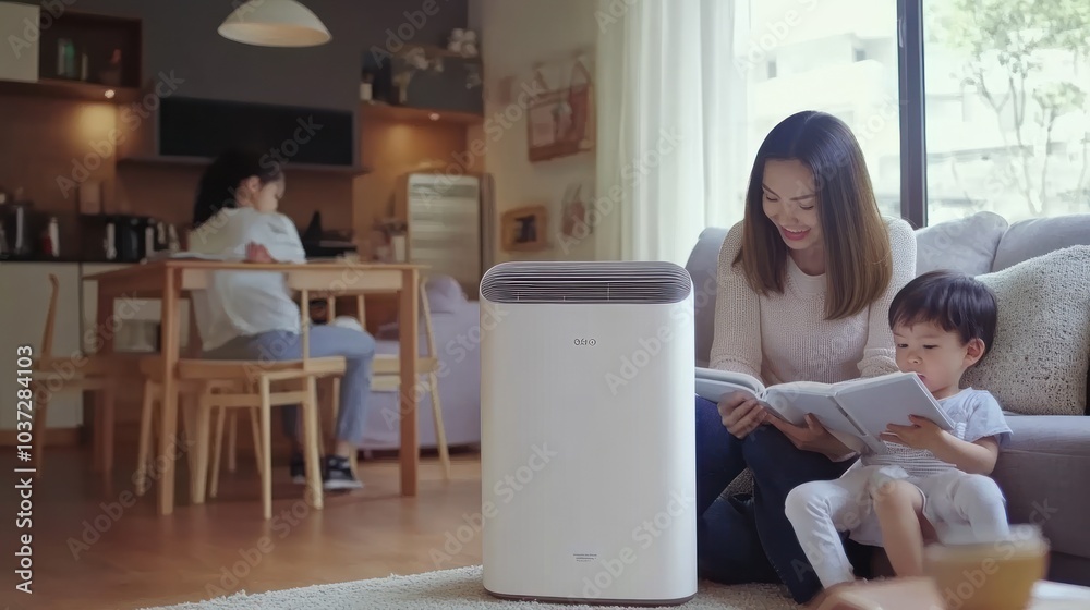 A mother and child read together near an air purifier in a cozy living room. A mother and child read together near an air purifier in a cozy living room.