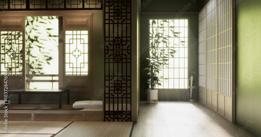 Fototapeta premium Green dark wall empty room, Modern japanese tatami mat floor, room japanese traditional style. 3D rendering
