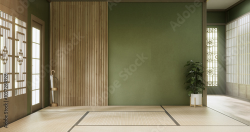 Green dark wall empty room, Modern japanese tatami mat floor, room japanese traditional style. 3D rendering