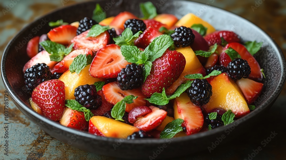 Fresh fruit salad with strawberries, blackberries, and peaches, vibrant and healthy summer dish Fresh fruit salad with strawberries, blackberries, and peaches, vibrant and healthy summer dish