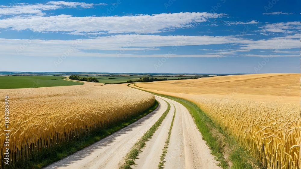 Fototapeta premium A winding country road through golden fields of wheat, under a wide, clear blue sky. The landscape stretches to the horizon, evoking a sense of freedom and open space