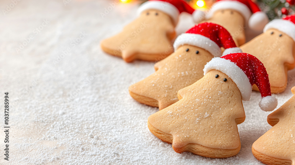 Delightful Christmas tree shaped cookies wearing tiny Santa hats create festive atmosphere. Perfect for holiday celebrations and gatherings, these treats bring joy and sweetness Delightful Christmas tree shaped cookies wearing tiny Santa hats create festive atmosphere. Perfect for holiday celebrations and gatherings, these treats bring joy and sweetness