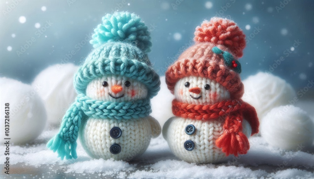 Adorable Knitted Snowmen in a Snowy Winter Scene: Two Cozy Handmade Figures with Colorful Hats and Scarves, Surrounded by Falling Snowflakes and a Soft, Warm Glow in the Background Adorable Knitted Snowmen in a Snowy Winter Scene: Two Cozy Handmade Figures with Colorful Hats and Scarves, Surrounded by Falling Snowflakes and a Soft, Warm Glow in the Background