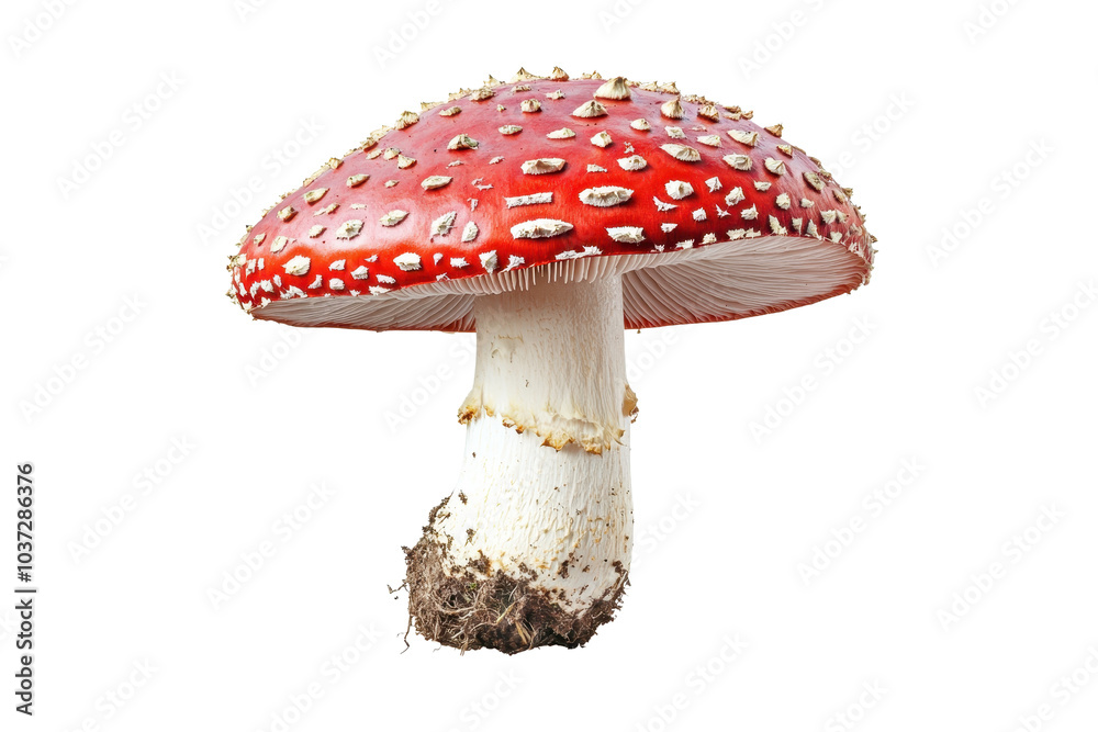 Close-up of a vibrant red and white spotted mushroom with a single stem, isolated on a transparent background. highlighting its natural beauty. Close-up of a vibrant red and white spotted mushroom with a single stem, isolated on a transparent background. highlighting its natural beauty.