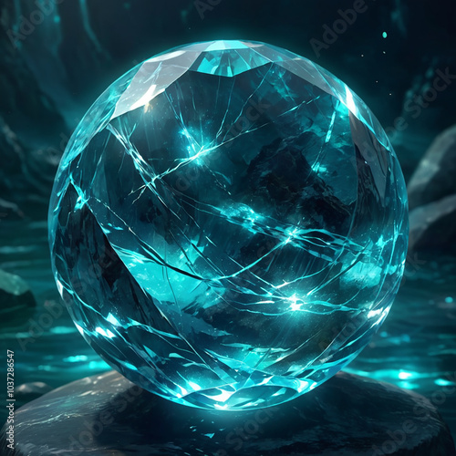 Crystal Orb Glowing In Dark Water