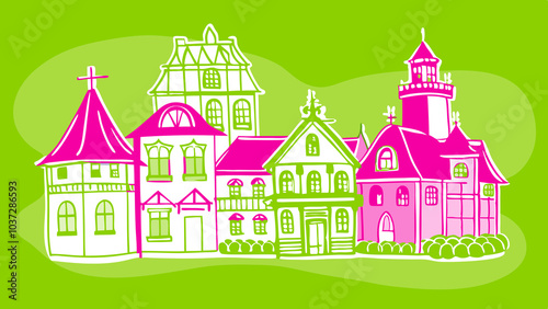 sketches of houses and buildings