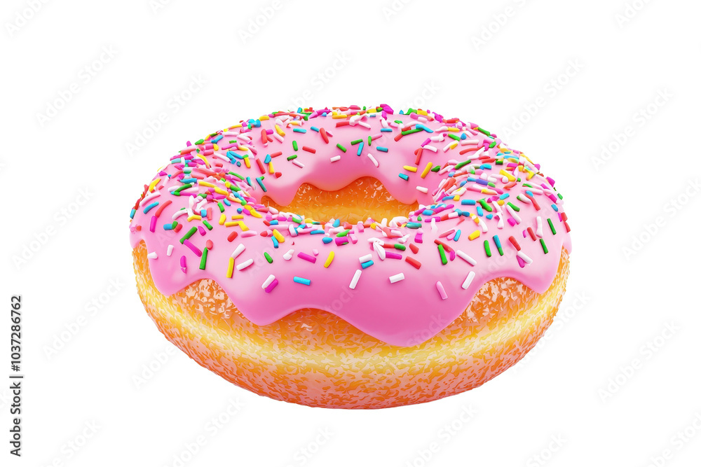 Colorful donut with pink icing and sprinkles against white backdrop. Perfect for bakery-themed designs, advertisements, and food blogs. Colorful donut with pink icing and sprinkles against white backdrop. Perfect for bakery-themed designs, advertisements, and food blogs.