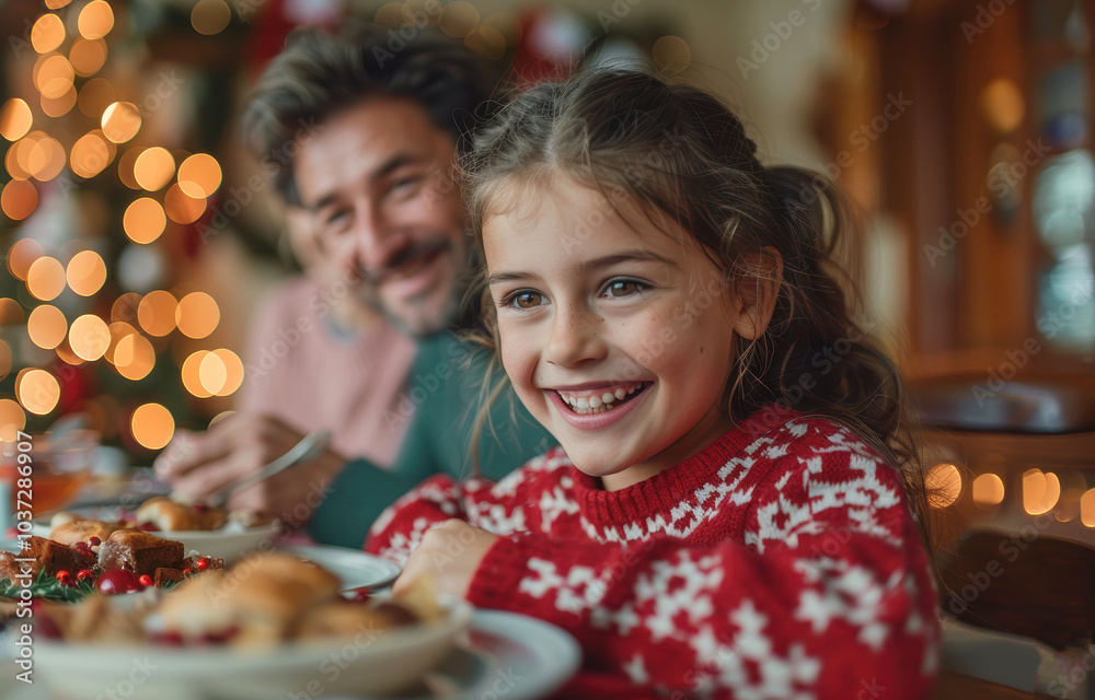 Smiling girl in a red sweater during a family meal with Christmas lights in the background. A man smiles behind her, creating a warm festive atmosphere. Smiling girl in a red sweater during a family meal with Christmas lights in the background. A man smiles behind her, creating a warm festive atmosphere.