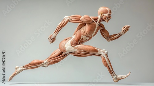 Anatomical model of a running human figure showcasing muscles and skeletal structure.