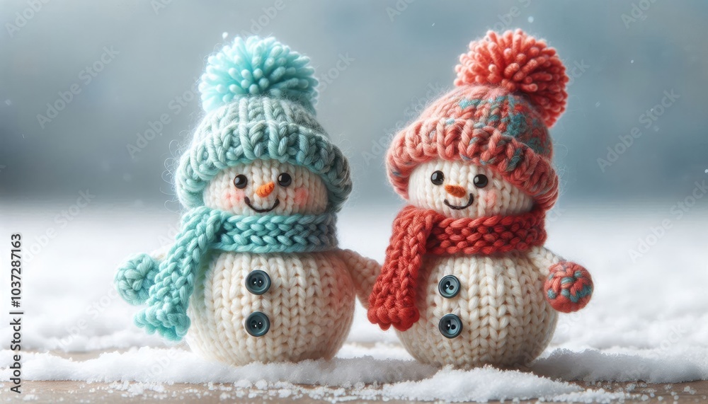 Adorable Knitted Snowmen in a Snowy Winter Scene: Two Cozy Handmade Figures with Colorful Hats and Scarves, Surrounded by Falling Snowflakes and a Soft, Warm Glow in the Background Adorable Knitted Snowmen in a Snowy Winter Scene: Two Cozy Handmade Figures with Colorful Hats and Scarves, Surrounded by Falling Snowflakes and a Soft, Warm Glow in the Background