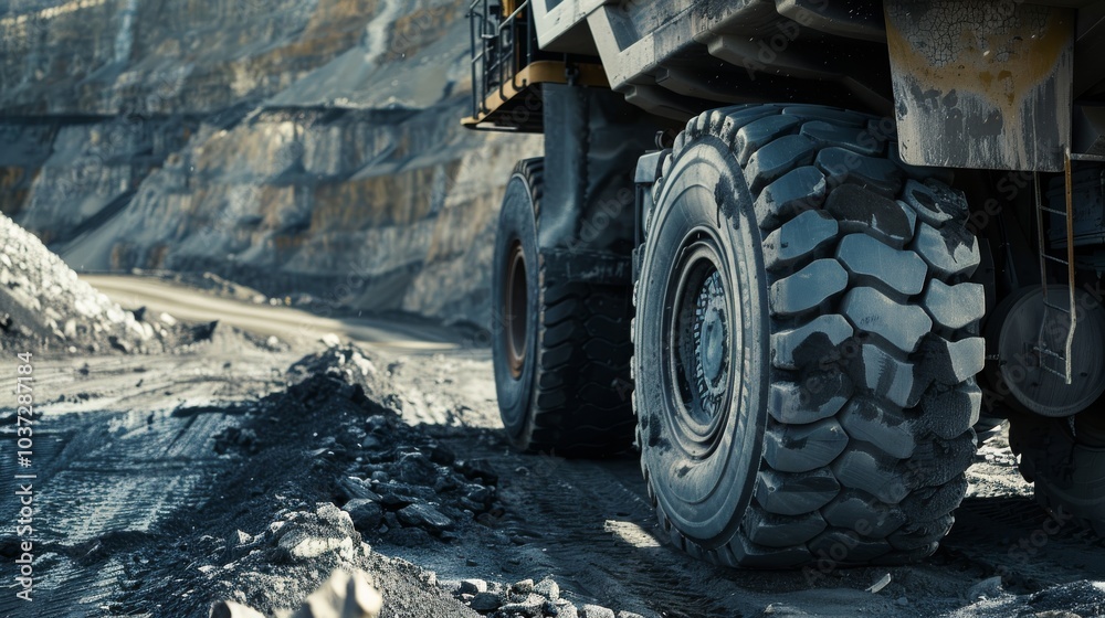 A mining truck loaded with ore driving through a rugged quarry, with a focus on the truck鈥檚 large tires and the rough terrain, Mining setting with operational details A mining truck loaded with ore driving through a rugged quarry, with a focus on the truck鈥檚 large tires and the rough terrain, Mining setting with operational details