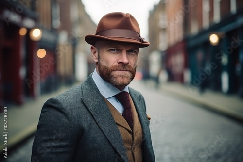 Portrait of a handsome man wearing a hat and coat in the city.