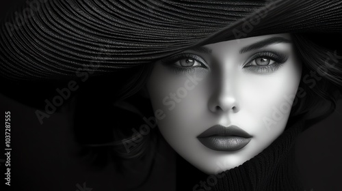 Monochrome portrait of woman in swirling hat, dramatic high fashion