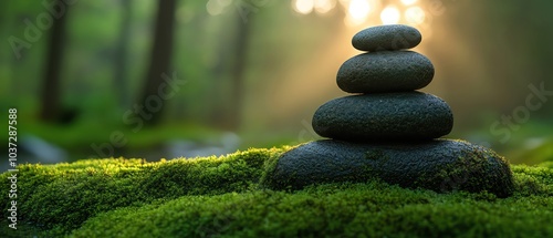 Mosscovered stones stacked in a tranquil forest, soft lighting, peaceful nature scene, meditative balance photo