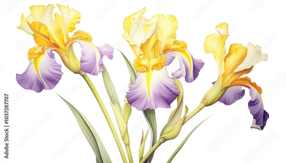 Naklejka premium Yellow-purple irises, white isolated background
