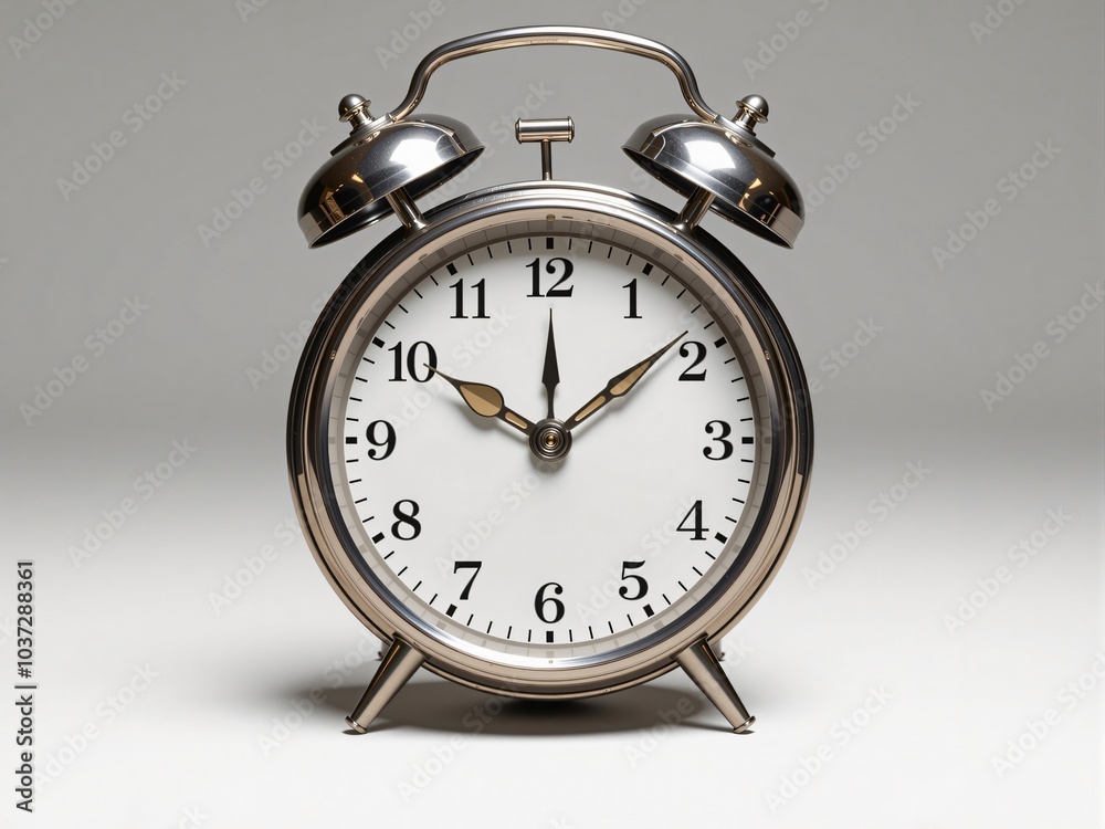 Classic alarm clock displaying five o'clock on white background Classic alarm clock displaying five o'clock on white background