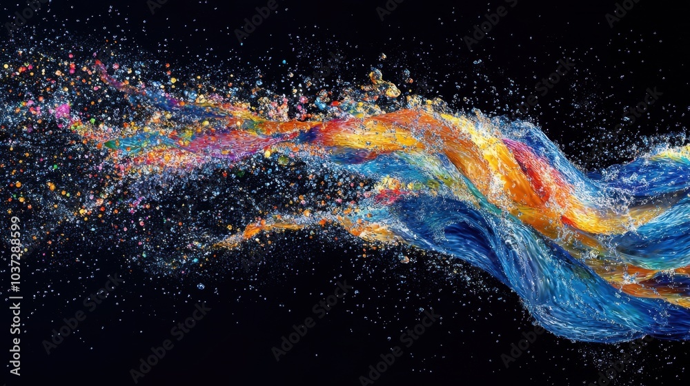 A vibrant cascade of swirling colors and water droplets dances gracefully against a dark backdrop during an artistic water performance A vibrant cascade of swirling colors and water droplets dances gracefully against a dark backdrop during an artistic water performance