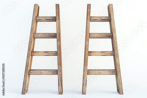 Deux échelles en bois rustiques identiques sur fond blanc
