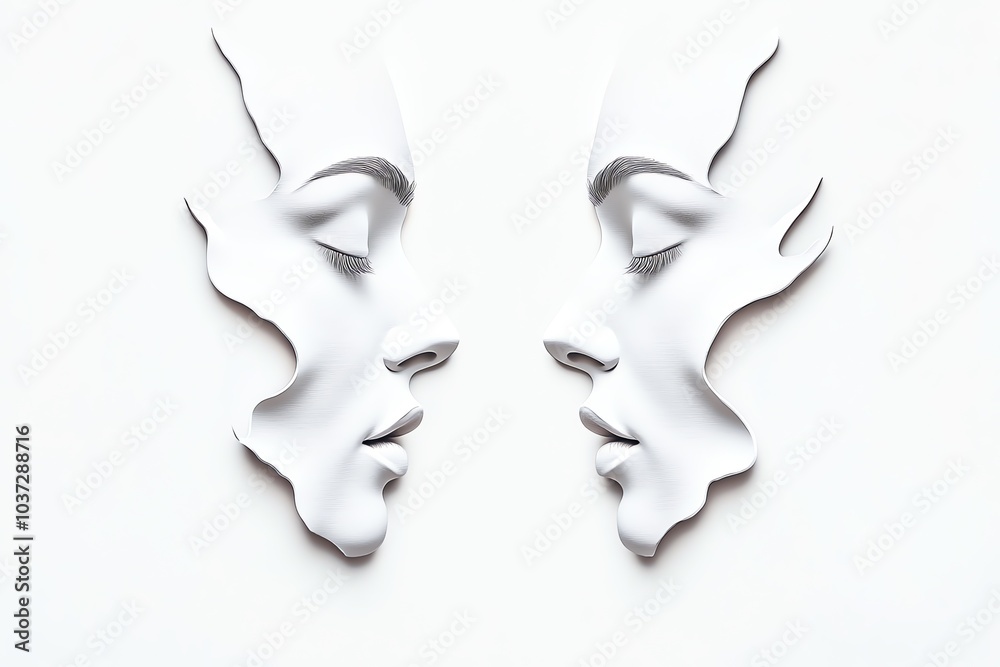 Sculptures de visages en relief blanc profilées face à face
Sculptures de visages en relief blanc profilées face à face