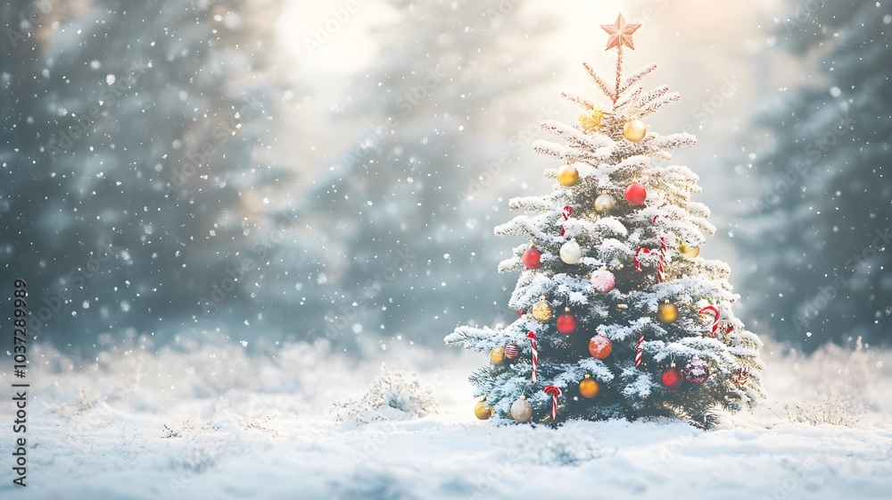 Obraz premium Decorated Christmas Tree Standing in Snow-Covered Forest